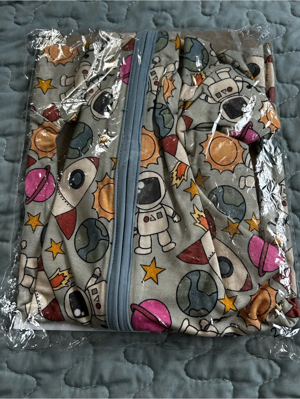 Kids Space Rocket Zip Pajamas - Gray with Multicolor Prints